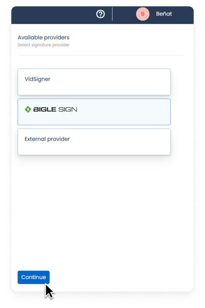 Captura de la plataforma de Bigle - SMS doble autenticación 1 - Escoger Bigle  Sign ENG