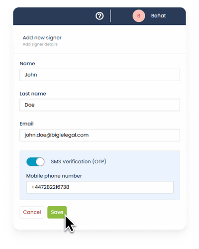 Captura de la plataforma de Bigle - SMS doble autenticación 3 - Rellenar datos ENG