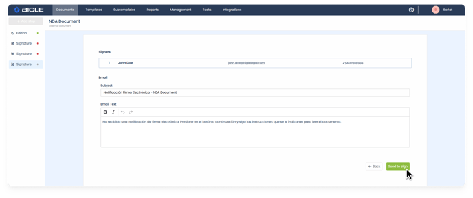 Captura de la plataforma de Bigle - SMS doble autenticación 5 - Enviar doc a firma ENG