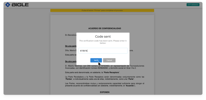 Captura de la plataforma de Bigle - SMS doble autenticación 9 - Introducir código ENG