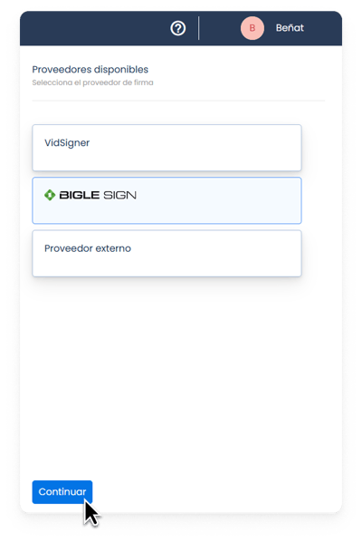 Captura de la plataforma de Bigle - SMS doble autenticación 1 - Escoger Bigle Sign ESP