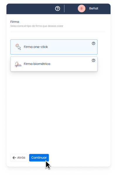 Captura de la plataforma de Bigle - SMS doble autenticación 2 - Escoger one click o biométrica ESP
