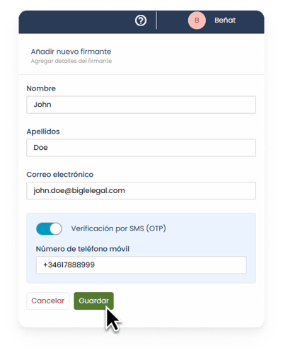 Captura de la plataforma de Bigle - SMS doble autenticación 3 - Rellenar datos ESP