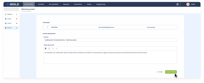 Captura de la plataforma de Bigle - SMS doble autenticación 5 - Enviar doc a firma ESP