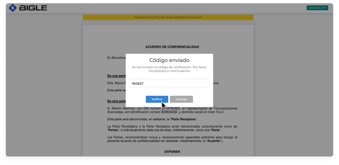 Captura de la plataforma de Bigle - SMS doble autenticación 9 - Introducir código ESP