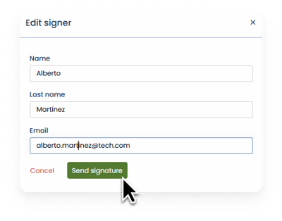 Captura de la plataforma de Bigle - Editar firmante 2 - enviar nueva firma ENG